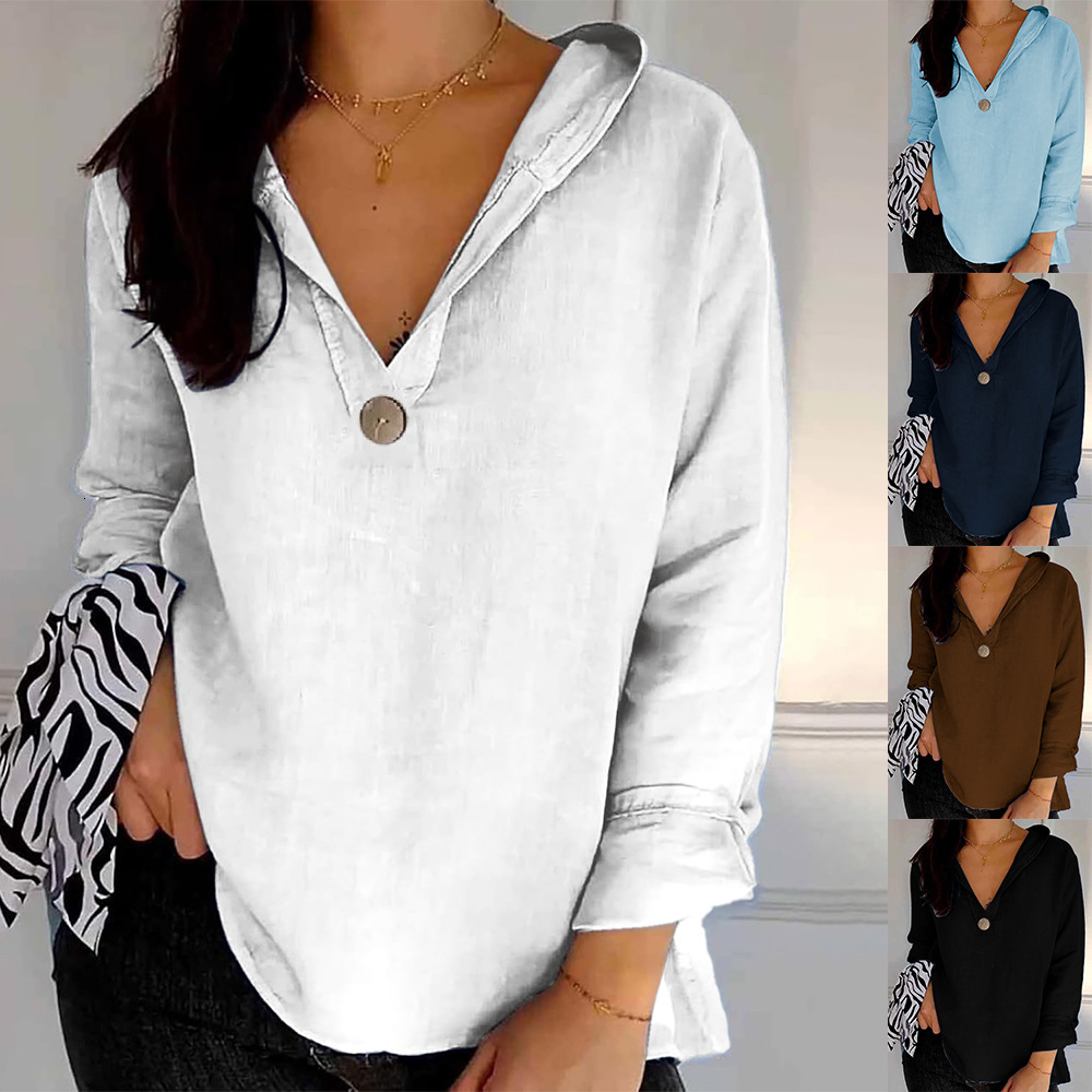 2025 Womens Clothing Top Button Vneck Shirt Fashion Solid Color Long Sleeve Women