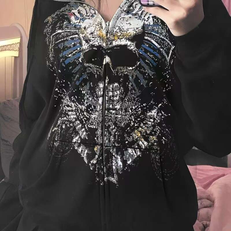 Combhasaki Women Y2k Vintage Grunge Gothic Loose Coat Long Sleeve Skull Print Sweatshirt Outwear Pocket Jacket With Zipper