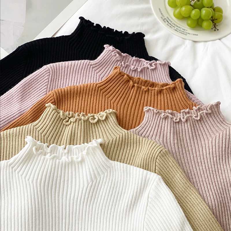 Pullover Long Sleeved Sweater Autumn Winter Slim Casual Solid Tops Elegant Women Knitted Primershirt Fashion Ruffled KnittedT251025