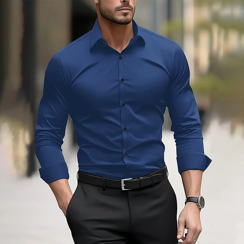 Mens formal shirt solid color wedding outdoor black red navy blue dark green long sleeve lapel summer spring clothing XS6XL 251020