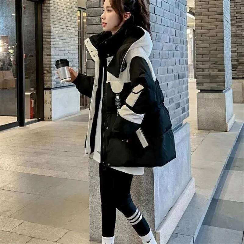 Black Medium Long Parker Cotton Jacket Women's Winter 2025 New Korean Version Loose Down Cotton Splicing Hooded Coat Warm Top