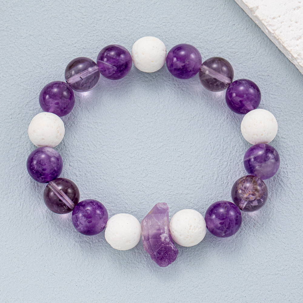 Natural Amethyst Volcanic Stone Beaded Bracelet with Elastic Cord