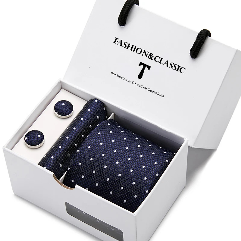 Top Grade Fashion Blue Dot Tie Pocket Square Cufflinks Set For Men Gift Box Wedding Gravatas Fit Formal Party 251023