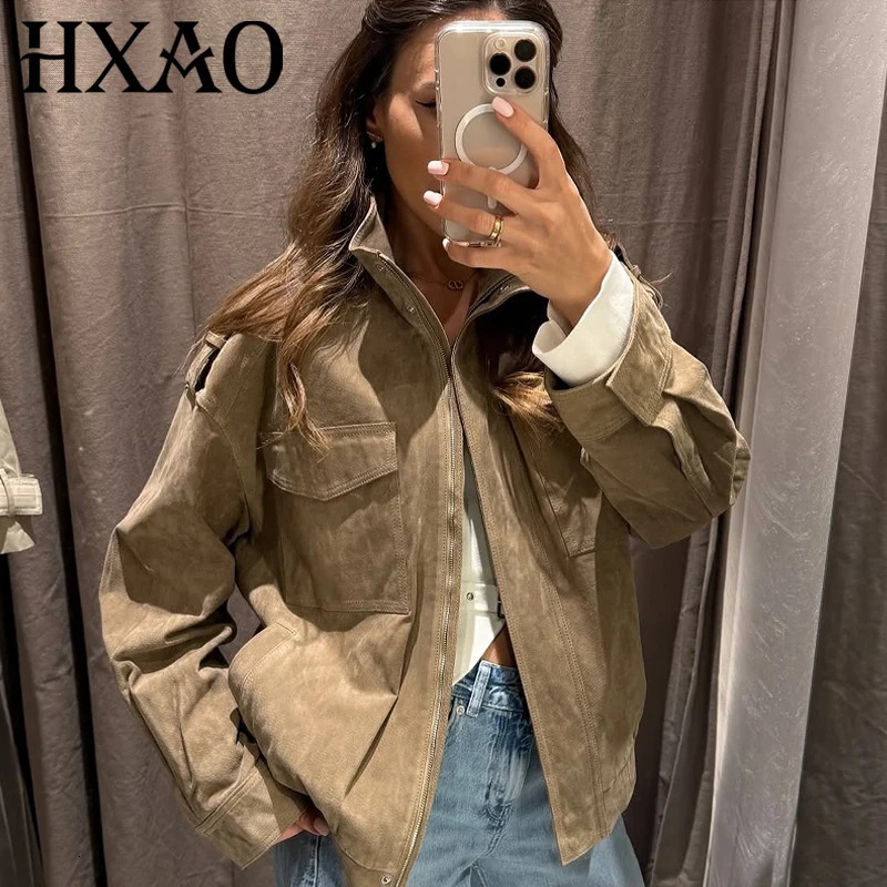 HXAO Leather Jacket Women Autumn Oversized Bomber Jacket In Coats Jackets Stand Collar Long Sleeve Tops Fashion Outerwears 251020