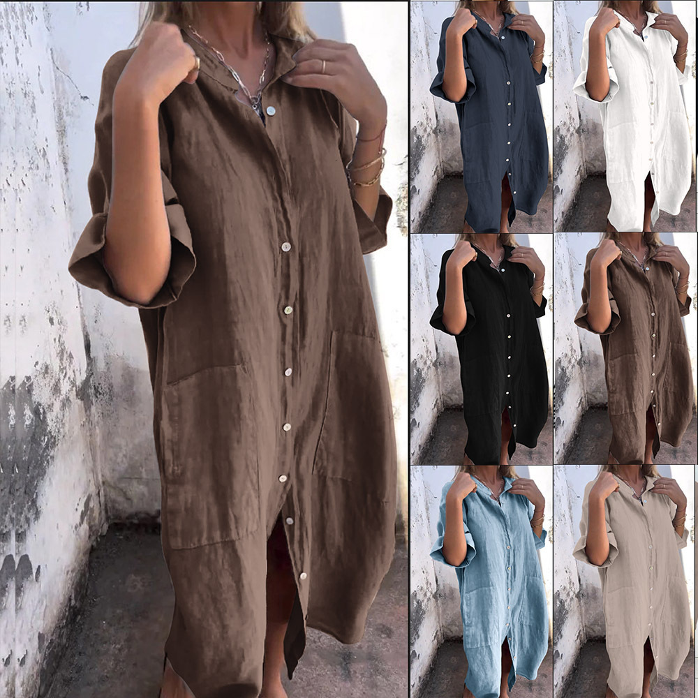 2025 New Womens Loose Fashion Casual Solid Color Half Sleeve Shirt Dress