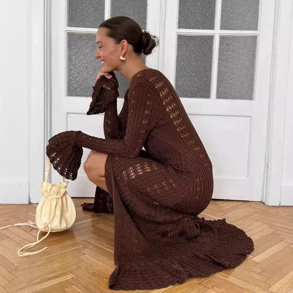 DRC 2025 Holiday Knitted Seethrought Cardigan Dress V Neck Long Flare Sleeves Leisure Long Trendy Single Breasted Autumn 251013
