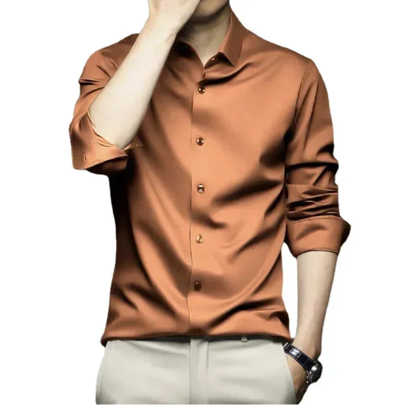 X6XL Orange Mens Long Sleeve Shirt Wrinkle Resistant and Non ironing Solid Business Casual Dress Shirt 251023