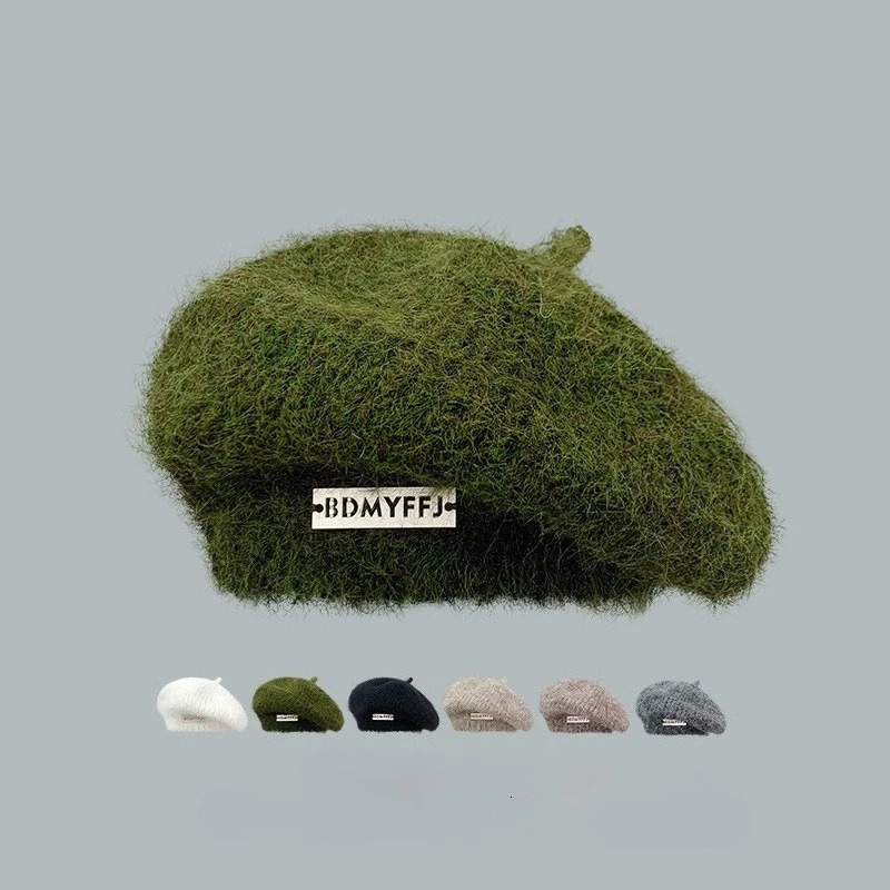 Japanese Style Mohair with Iron Lable Knitted Beret Women Vintage Trend Warm Painter Hat Female Artist Hat Ladies Autumn Winter 251023