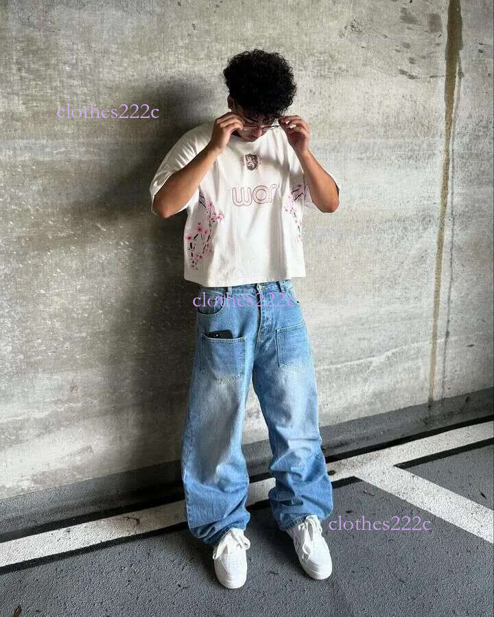 Sakura Embroidered Y2k Clothes Mens Womens Haruku Hip Hop Guy Pocket Retro Baggy Jeans Pants Low Rise Wide Leg Trousers