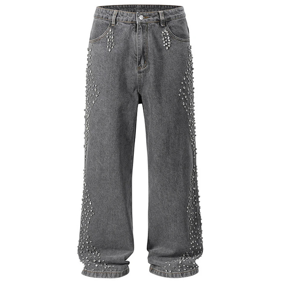 Diamond Jeans Side Rhinestone Wide Leg Baggy Jeans Men Streetwear Fashion Denim Pants Black Blue Hipster Jeans 251023