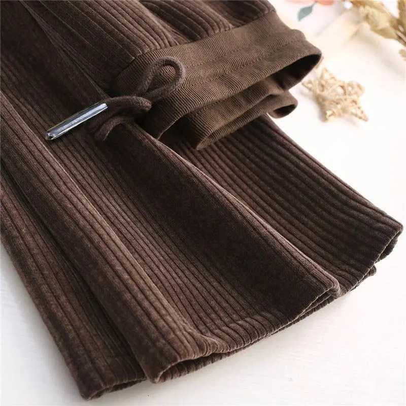 Fashion Autumn Winter Pants New Women Pockets Elastic High Waist Drawstring Plus Velvet Straight Wide Leg Ankle Length TrousersT251025