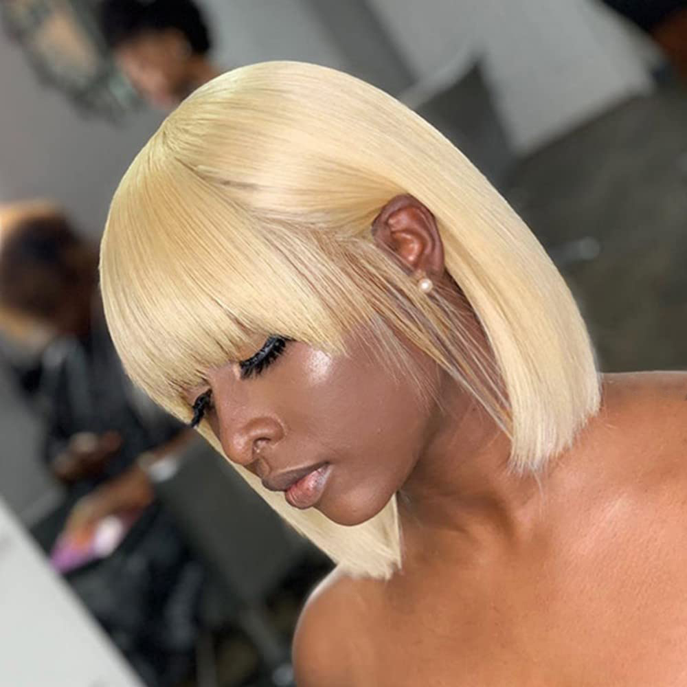 613 Blonde Bob Wig with Bangs Human Hair Silky Straight Glueless 8-16 Inch Short Hair for Women Daily Party Use