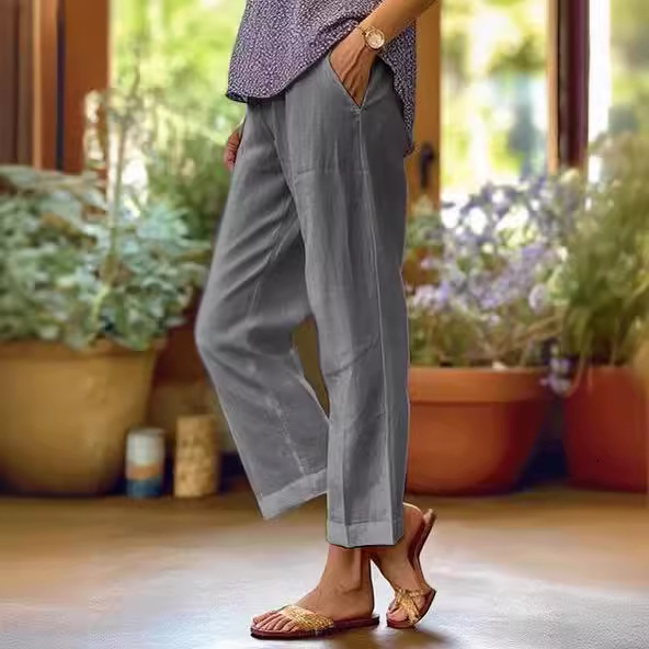 2025 Women's Cotton Linen Loose Solid Color Elastic Waist Pocket Straight Casual Pants