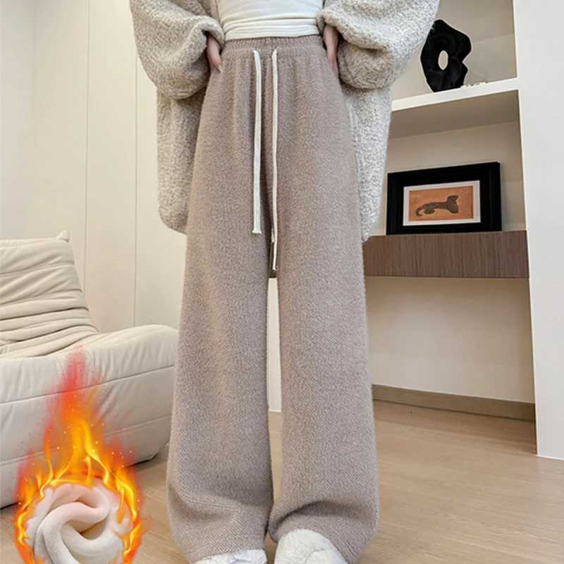 Imitation Mink Soft Pants for Women High Waist Fleece Straight Casual Pants Woman Loose Drawstring Thick Plush Trousers LadiesT251025