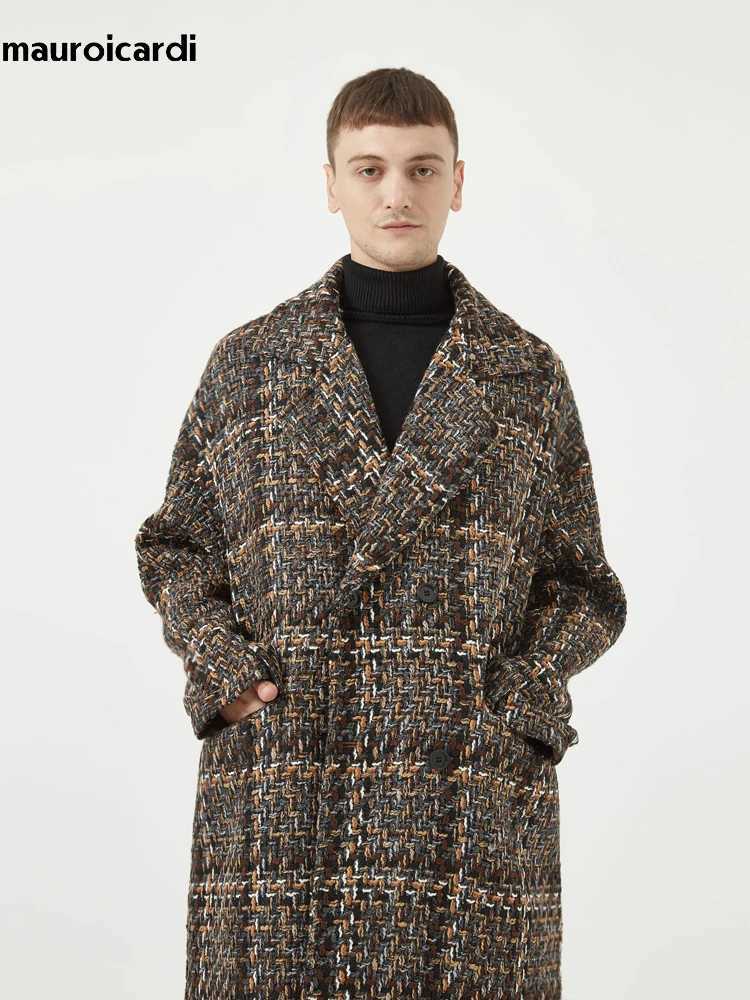 Mauroicardi Autumn Winter Loose Colorful Stylish Warm Tweed Woolen Coat Men Double Breasted Cool Luxury Designer Clothes 2022T251025