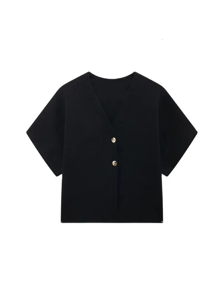 Womens Front Golden Buttons Knit Cardigan Sweater V Neck Wide Short Sleeves Female Outerwear Chic Tops Fashion 251013