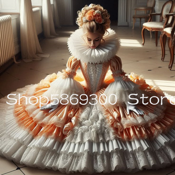 White Orange Victorian Lolita Prom Dresses Ruffles Puffy Skirt Fairy Long Sleeve Corset Top Lace Evening Gown Cosplay Customsize