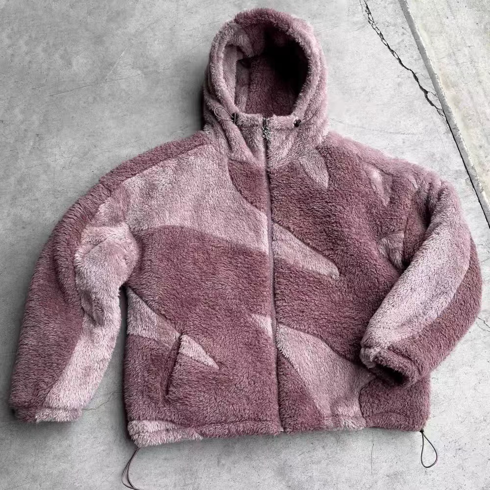 Designer Y2K European and American lambswool splicing cardigan zipper hooded street jacket for men and women