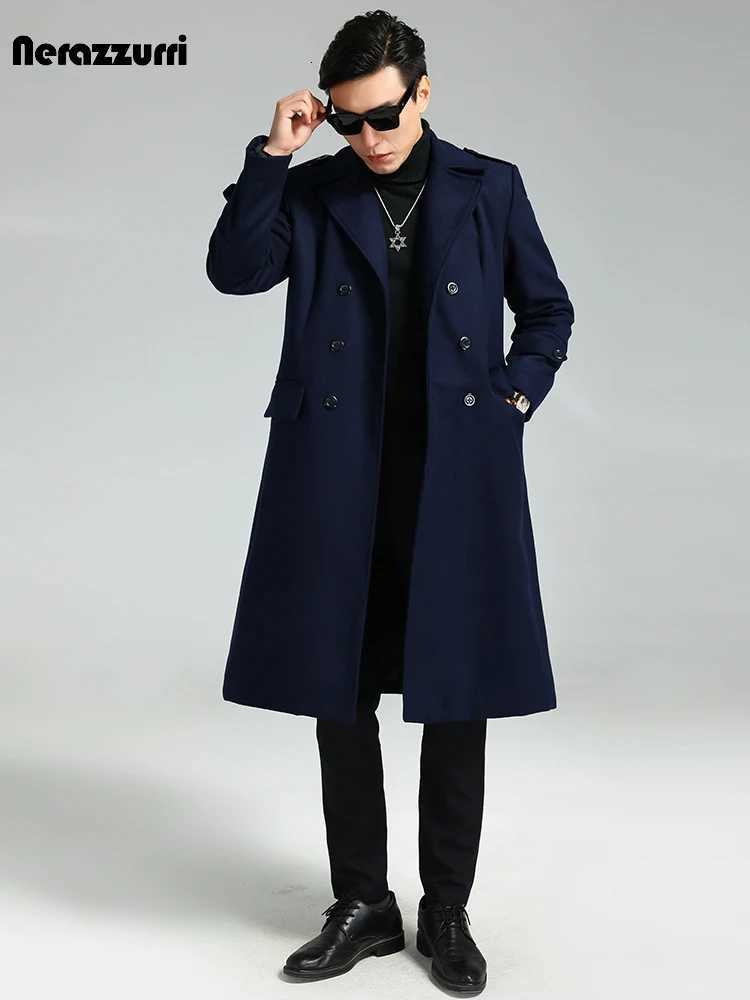 Nerazzurri Autumn Winter Long Elegant Luxury Chic Navy Blue Warm Woolen Coat for Men Double Breasted Wool blends Overcoat 2023T251025