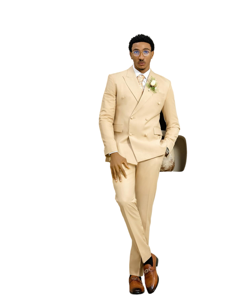 2-piece beige lapel men's suit summer fashion double breasted formal dress smart casual wedding jacket+pants