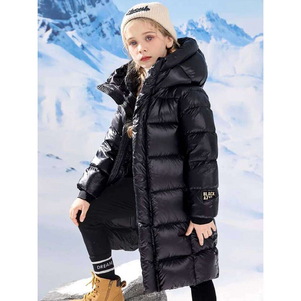 Winter Warm Girls Black X-Long Hooded Full Zipper Puffer Jackets School Kids Thick Snow Coat Children Outfit Windbreaker 5-16 Yr
