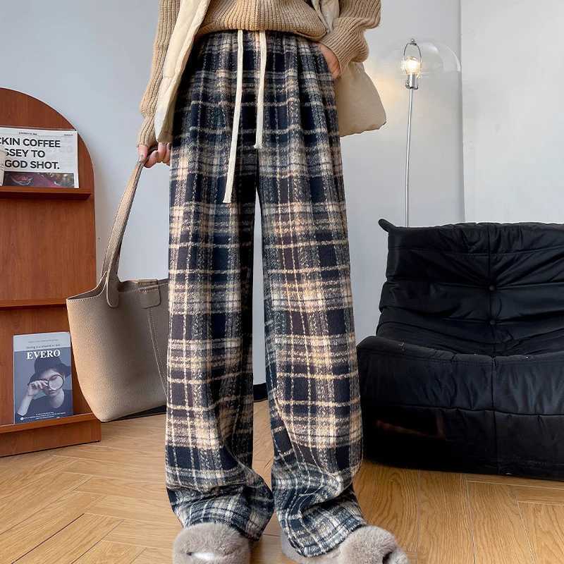 Harajuku Thicken Plaid Pants for Women Autumn Winter Fleece Wide Leg Trousers Woman Baggy Drawstring High Waist Pants LadiesT251025