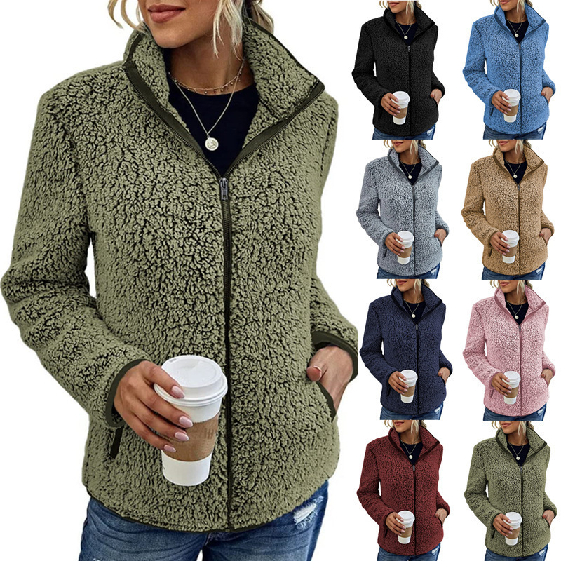 2025 Stand Collar Solid Color Sweatshirt Women's Casual Fashion Long Sleeve Zipper Bubble Fleece Jacket