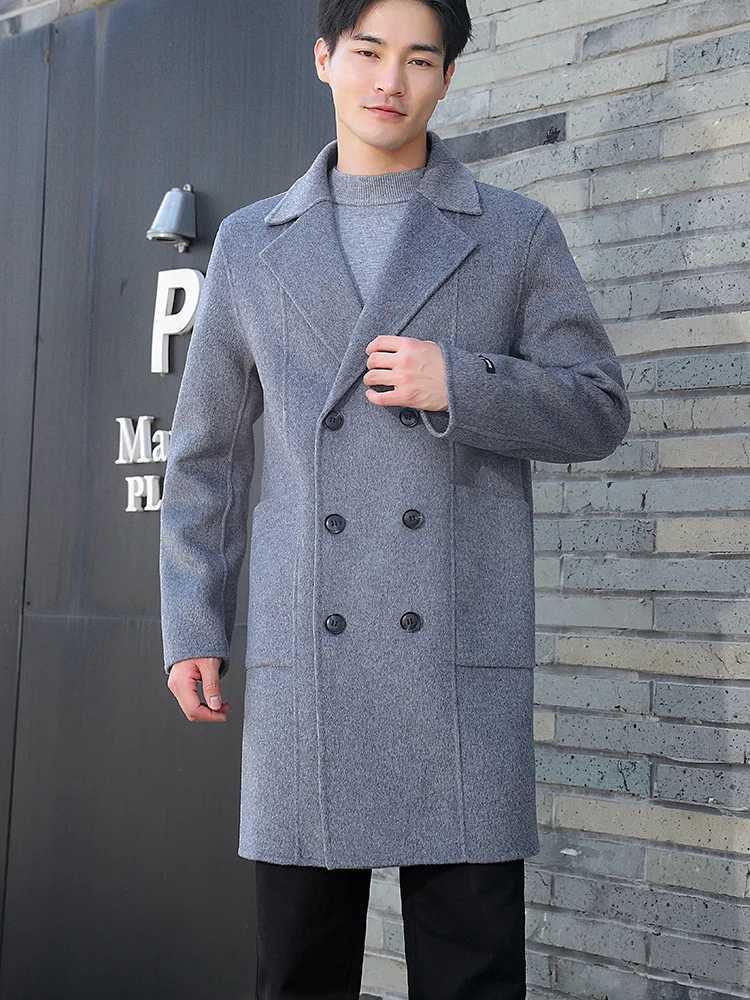 100 Merino Wool DoubleSided Coat Mens Suit Collar DoubleBreasted Coat Handmade Long HighStreet Business Top With PocketT251025