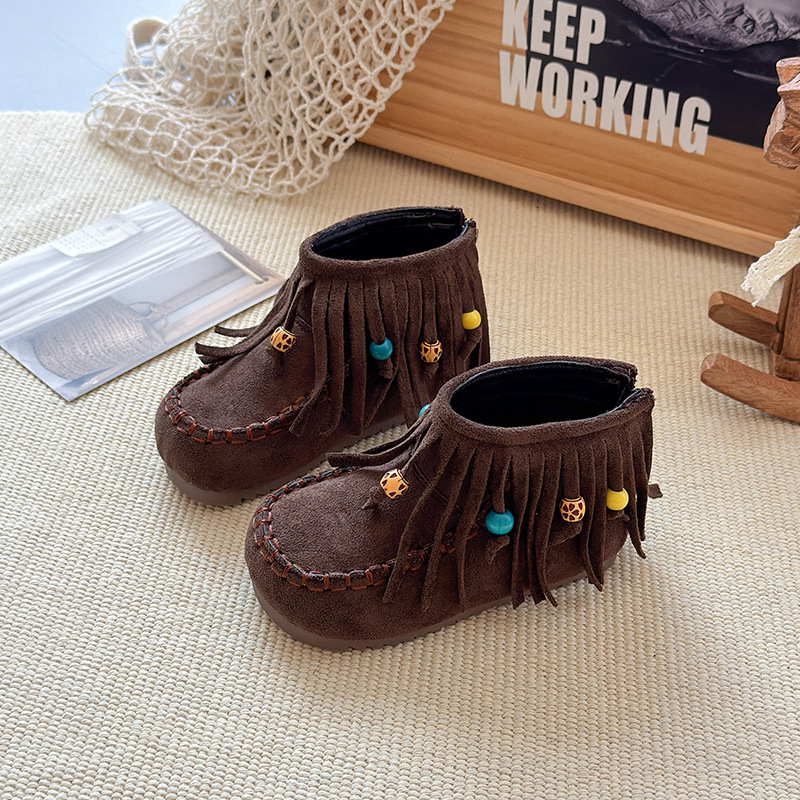 Retro fashion designer princess children's shoes, girls' tassel boots, girls' boots, velvet short boots, girls' autumn and winter 