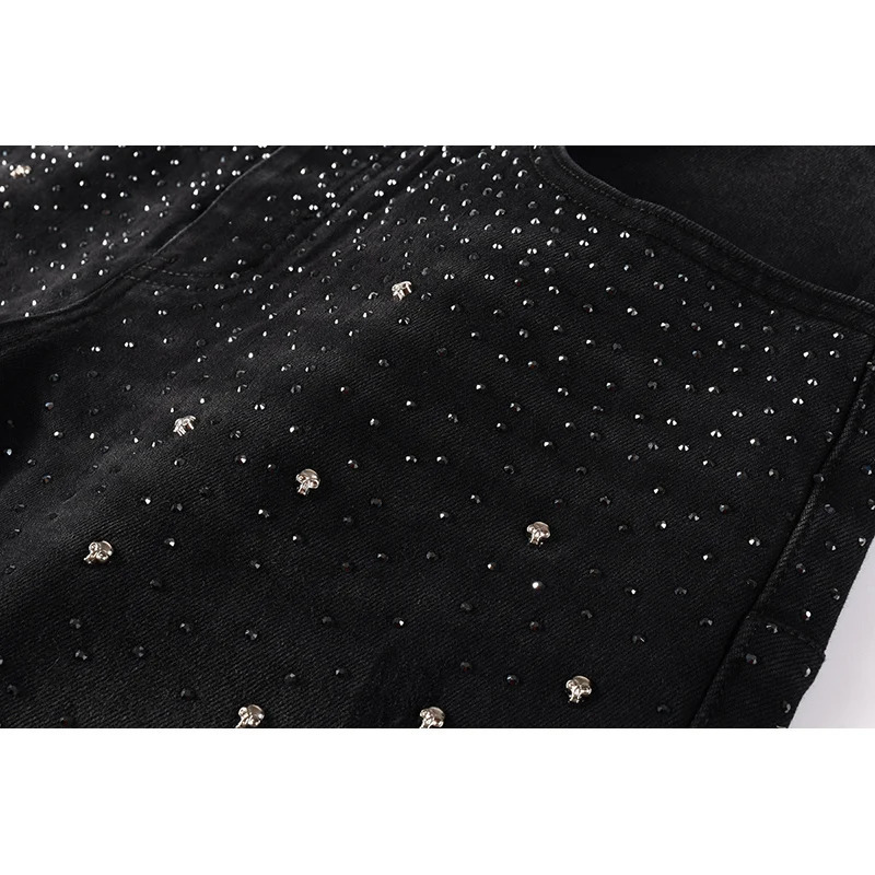 Black Mens American High Street Distressed Rhinestones Patterns Skinny Ripped Button Fly Jeans Pants 251023