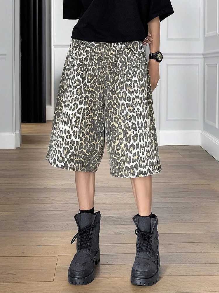 Fashion Harajuku Summer Hip Hop Leopard Painted Plus Size Sweatpants Men Straight Leg Trousers Sports Wide Leg Shorts PantsXJ251025