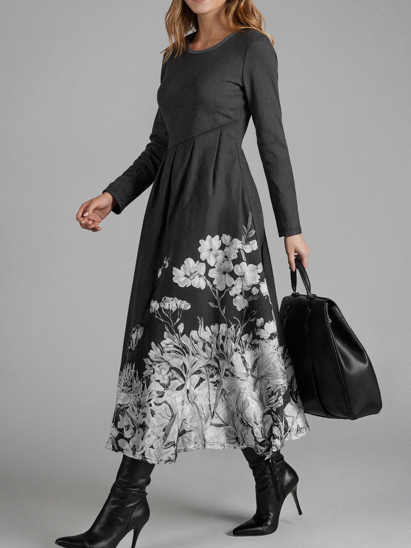 Autumn Winter New Women's Fashion Office Mom Style Floral Printed Long Sleeve Midi Dress, Milk Silk Black Gray Dress, S-XXL--CF56281