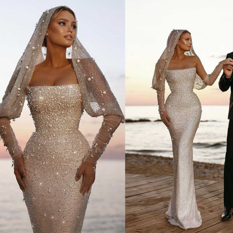 Customzied Wedding Dresses Mermaid Strapless With Bling Sequins Sleeveless Bridal Gowns Plus Size Formal Occasion Robe De Mariee