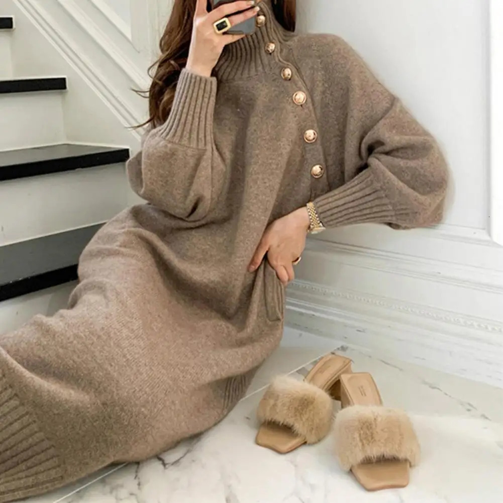 Vintage Turtleneck Buttons Long Sleeve Long Dresses Winter Fashion Casual Loose Knitwear Warm Women Knitted Dress Black Apricot 251023