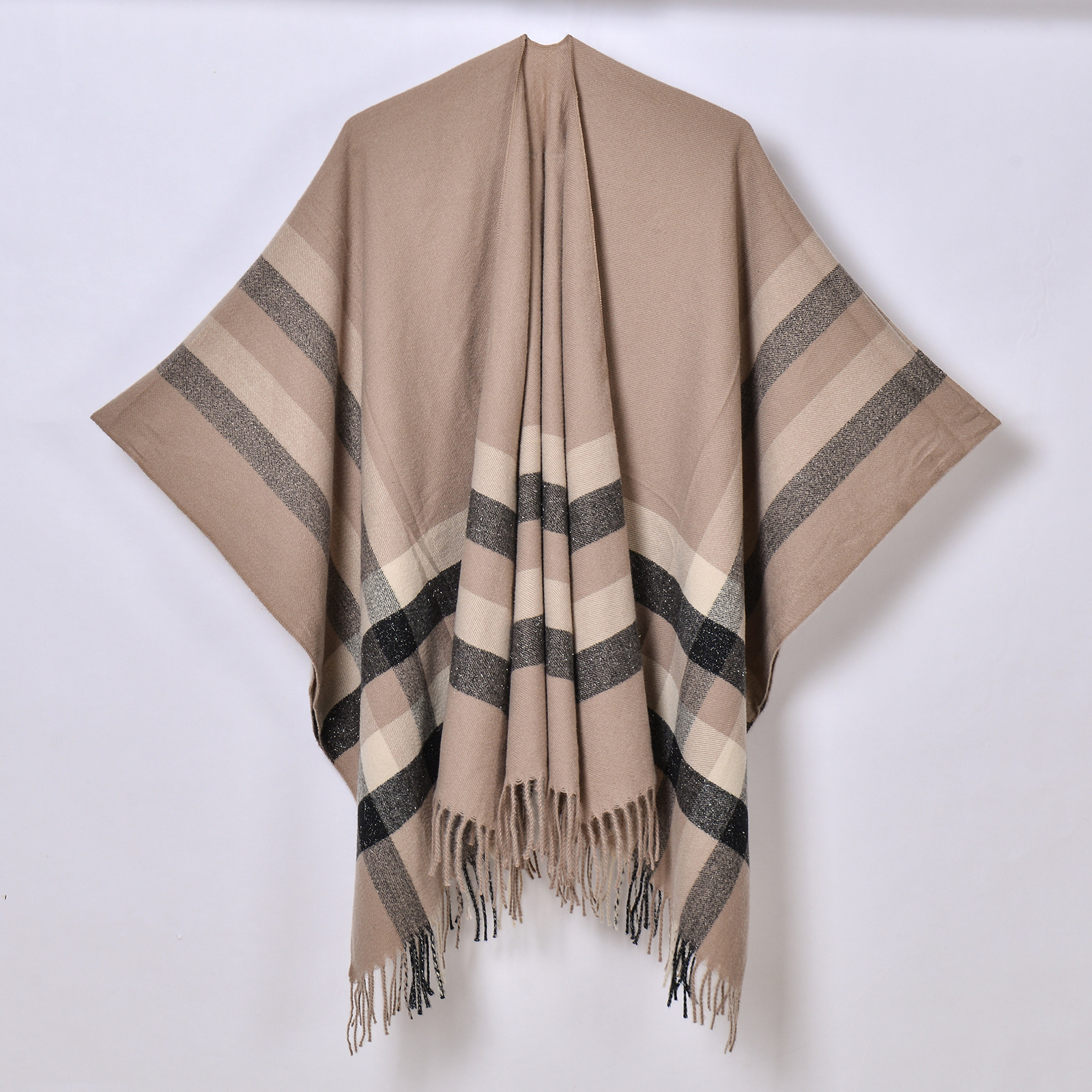 New Autumn Winter Silver Stripe Plaid Shawl Simple Versatile Split Cardigan Cape Office Blanket