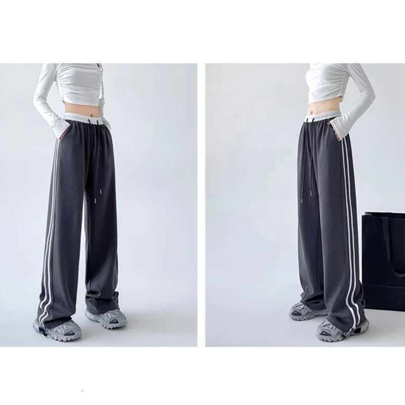 Spring Women Classic Stripe Sweatpants Lady High Waisted Designer Sports Trousers Female Daily Elastic Lace Up Wide Leg PantsT251025