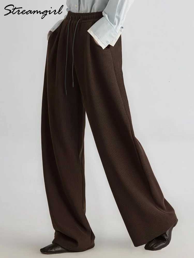 Streamgirl Women Winter Corduroy Pants Dark Brown With Thick Warm Fleece Trousers Corduroy High Waist Loose Pants For WomenT251025