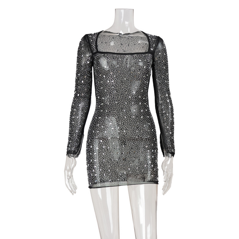 European and American women's designer low cut square neck long sleeved tight corset sexy spicy girl slightly transparent short shiny rhinestone 