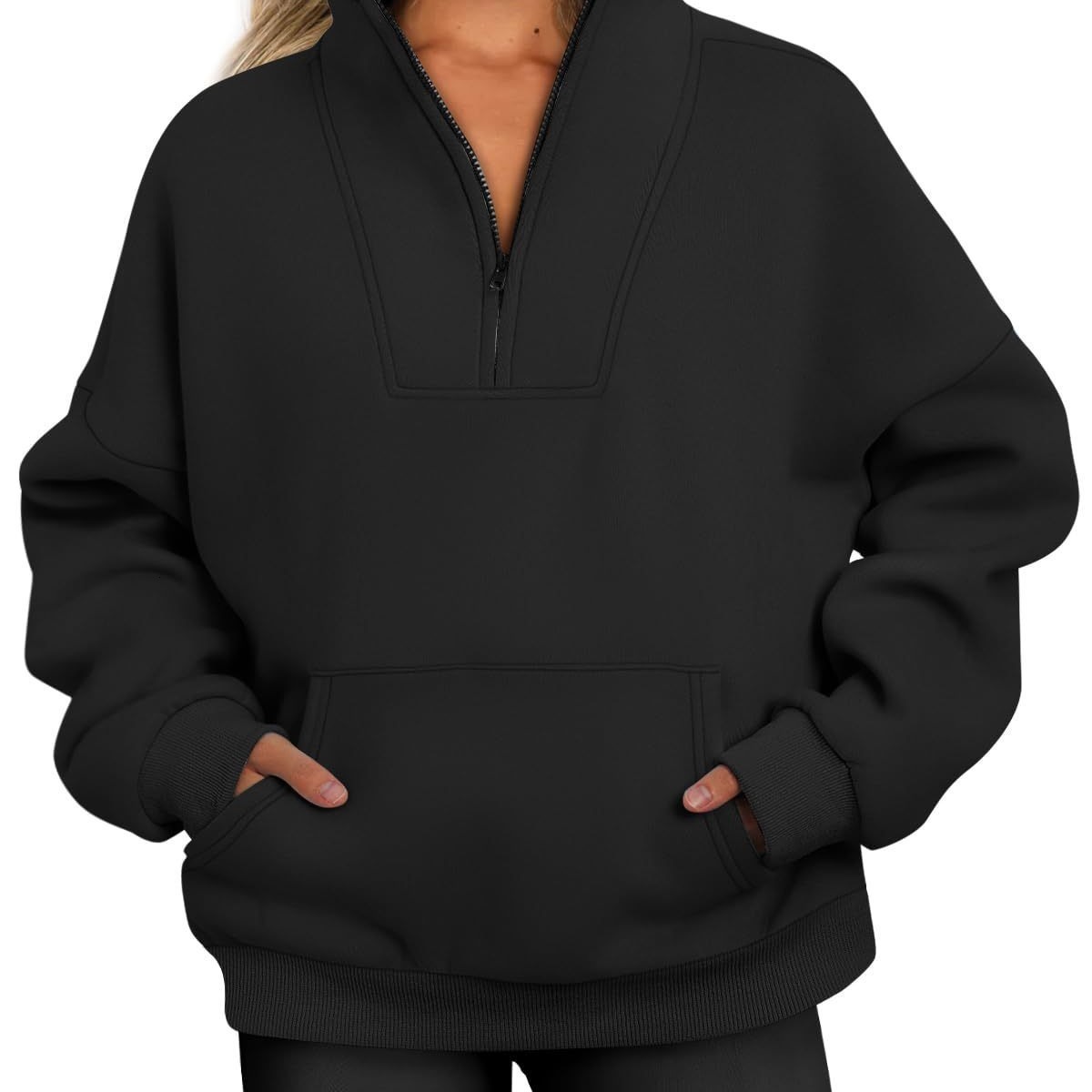 2025 Autumn Winter Stand Collar Solid Color Hoodie with Pockets and Zipper Women's Casual Loose Fleece Ribbed Top