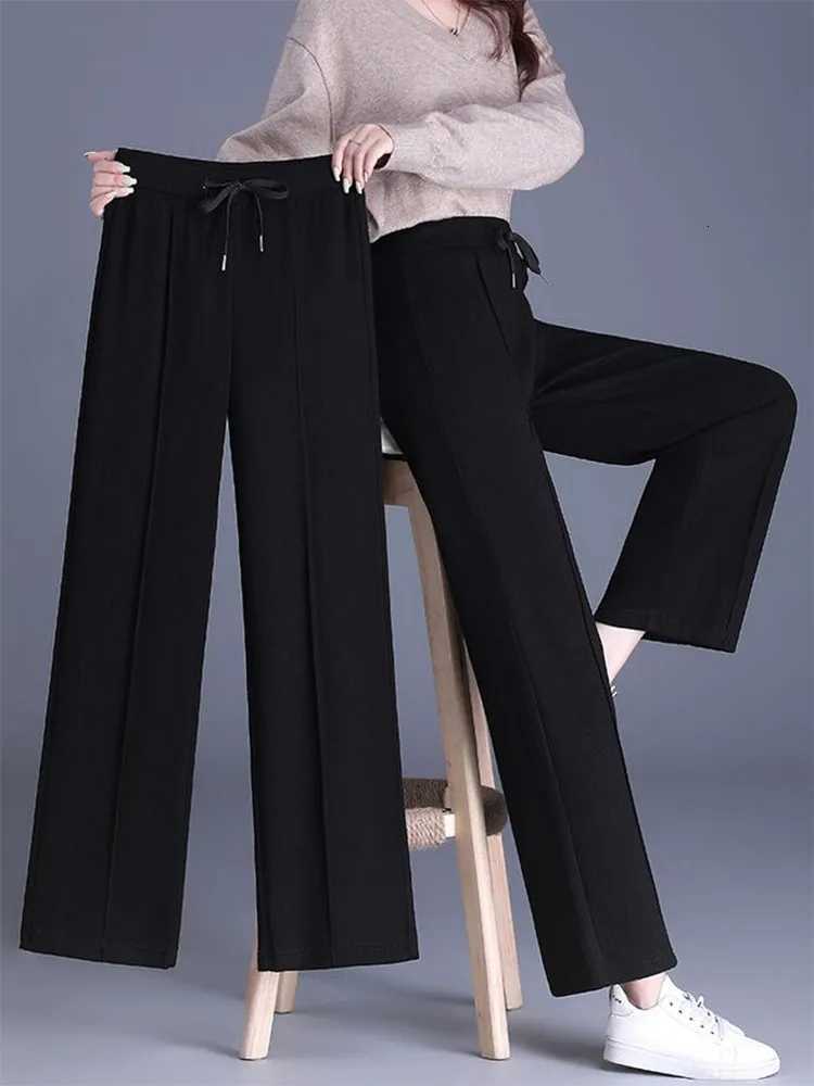 Winter Warm Thicken Loose Straight Pants Korean Elastic High Waist Lace Up Wide Leg Pantalones Casual Velvet Lined SweatpantsT251025