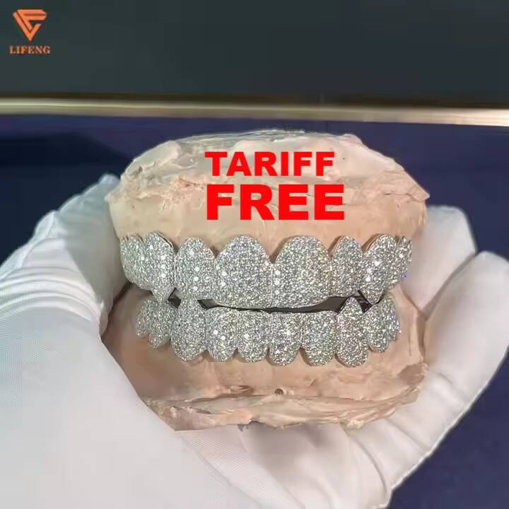 Lifeng Jewelry Deep Perm Cut Grillz Custom VVS Moissanite Hip Hop Honeycomb Grillz 1620 Teeth White Gold Diamond Ice Out Grillz