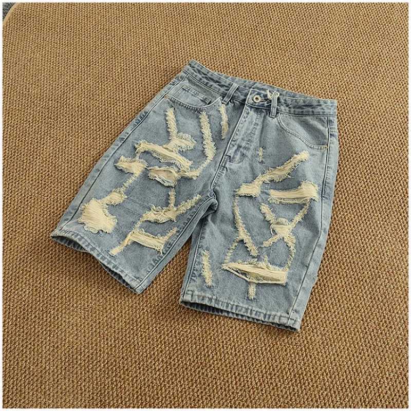 Punched and Handsome Trendy Denim Shorts for Men in Summer Versatile Vintage Washed and Five Part PantsXJ251025