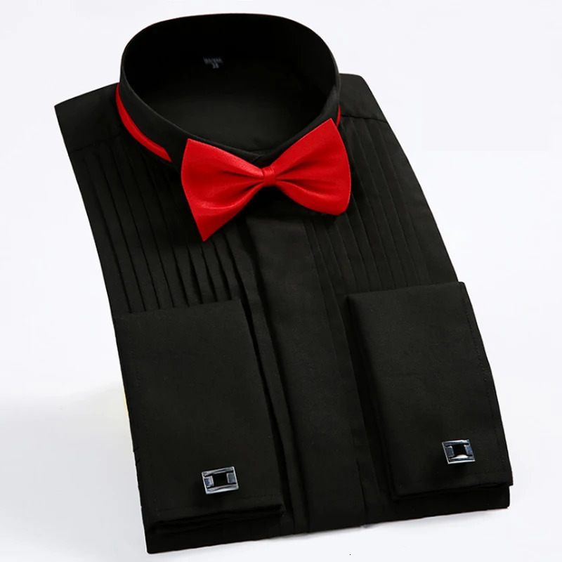 Classic Winged Collar Dress Shirt Mens Wingtip Tuxedo Formal Shirts with Red Black Bow Tie Party Dinner Wedding Bridegroom Tops 251023