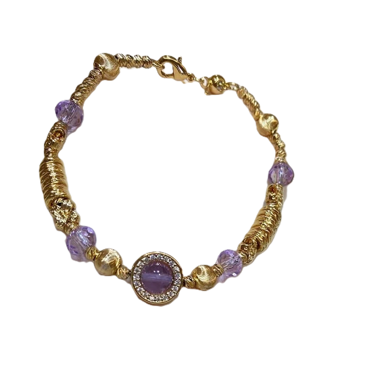 TaiYang New Gold Plated Copper Purple Coiled Bead Bracelet, Gold Plated Wealth-Attracting Bangle with Zircon Accents for Women