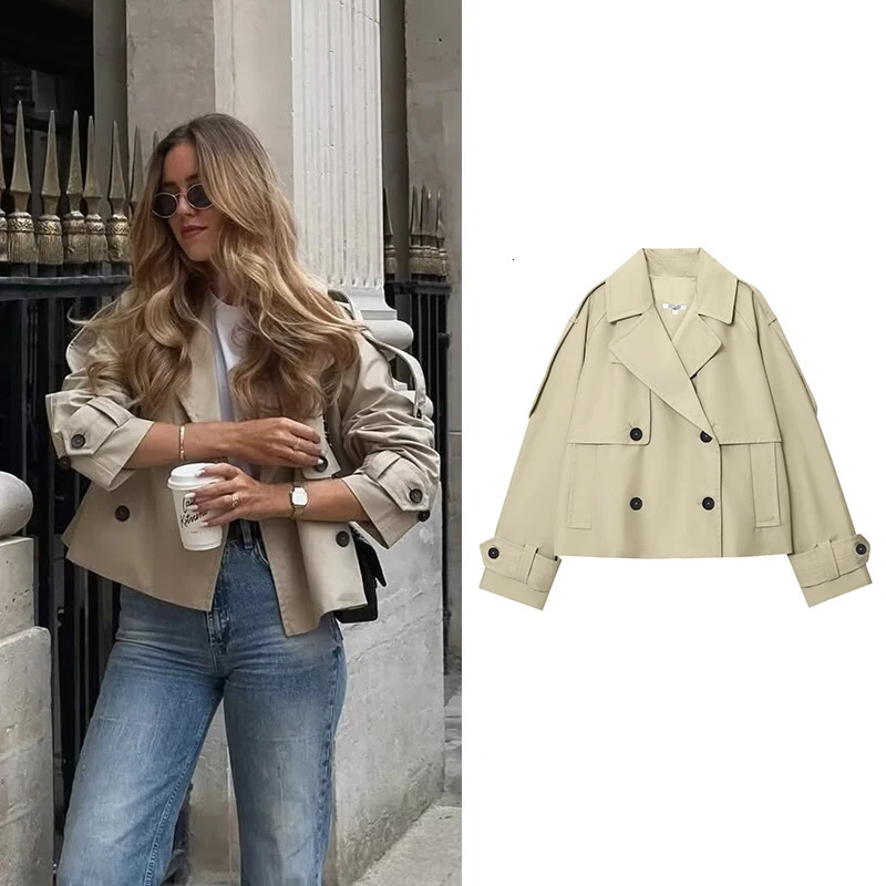 Womens Short Trench Coat Fashion Double Breasted Turndown Collar Long Sleeve Coats Autumn Vintage Female Outerwear Chic Tops 251024