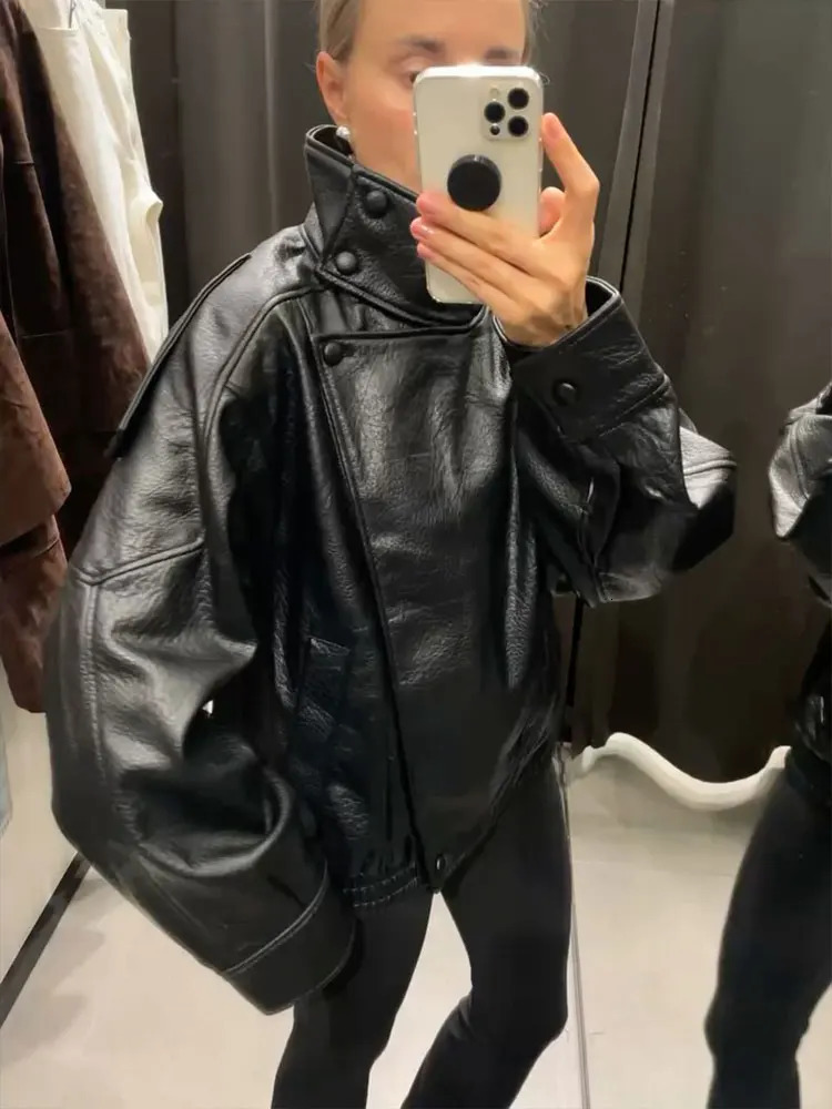 HH Autumn Faux Leather Jacket For Women Casual Solid Long Sleeve Zipper Pu Leather Coats Fashion Female Streetwear 251020