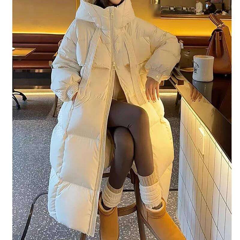 Sleeve Zipper Pocket Long Casual Thicken Warm Hooded Lady Office Parkas Fall Winter Down Coat