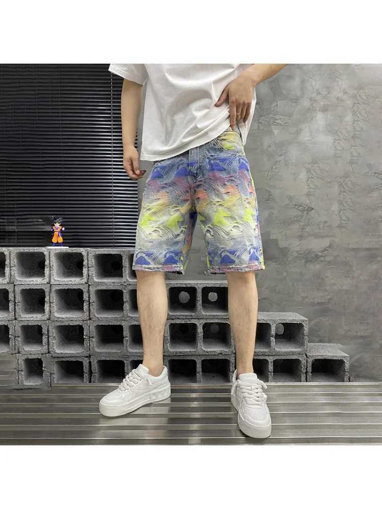 2025 Summer New Colorful Jacquard Cowboy Shorts for Men Loose Straight Fashionable High end Trendy and Five piece PantsXJ251025