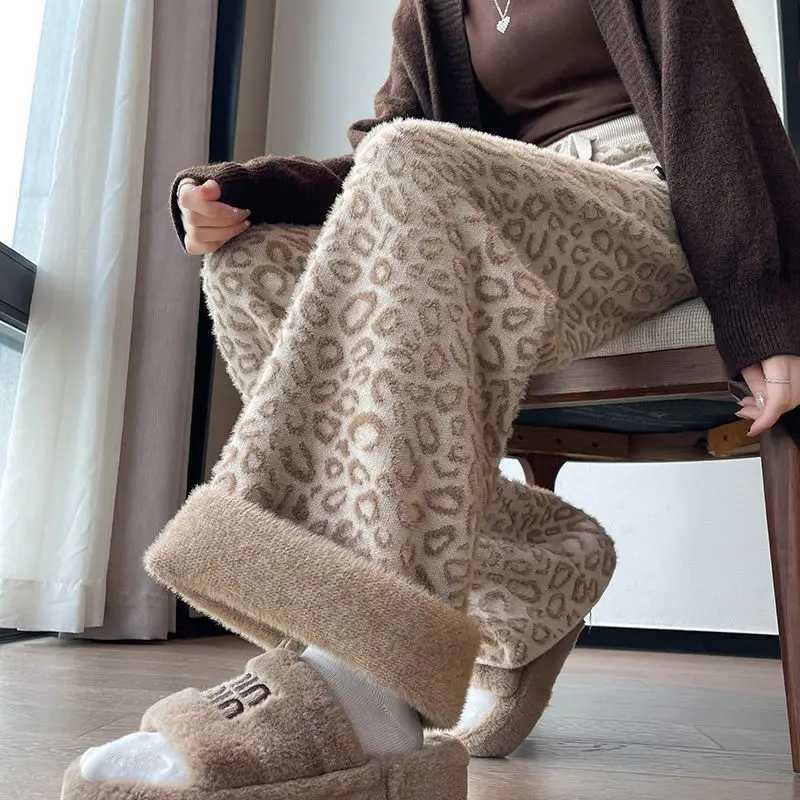 Coffee Leopard Print Knitted Wide Leg Pants Women Mink Fleece Warm Winter Doublesided Fleece Winter Pants Lazy Hanging FeelingT251025
