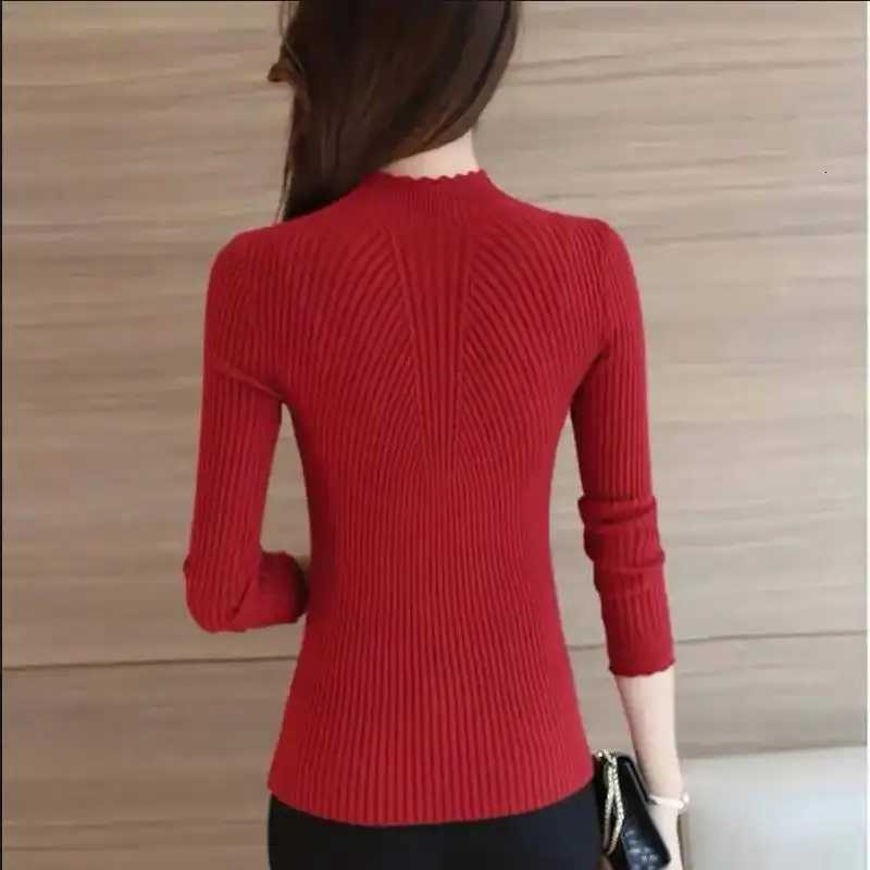Women Autumn Winter Mock Neck Ruffles Sweater Long Sleeve Knitted Bottoming Solid Pullovers Female Casual Stripe Tops SweaterT251025